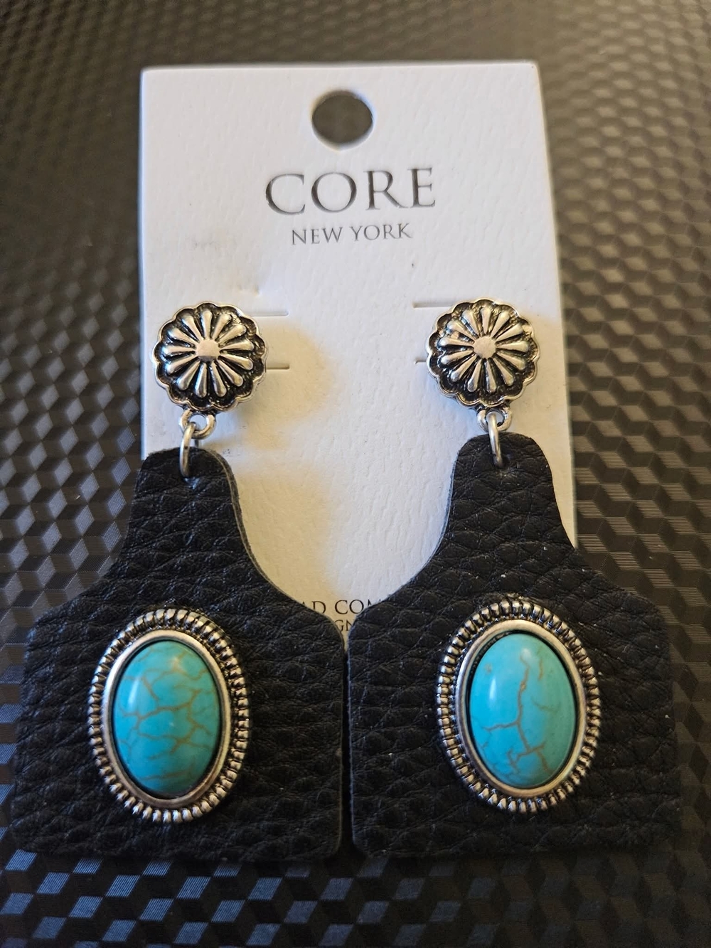 CORE New York Black Leather Earrings with Turquoise Cabochons